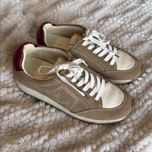 Birdies The Roadrunner Taupe Suede & Cream Leather Sneakers  Wine Heel Accent